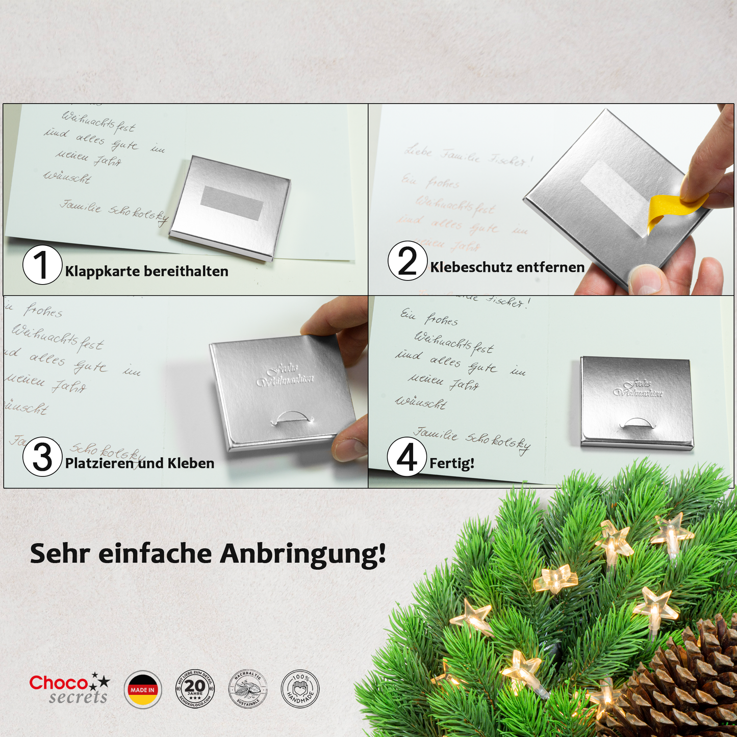 Tarjetas de Navidad con chocolate en relieve en caja dorada, juego de 5, diseño de tarjeta: cielo azul oscuro con árbol de Navidad, chocolate en relieve: "Frohe Weihnachten", sobre dorado