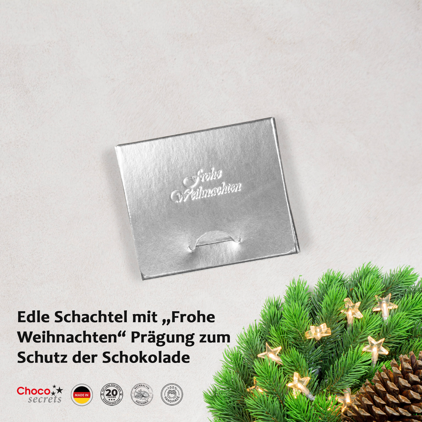 Tarjetas de Navidad con chocolate en relieve en caja dorada, juego de 5, diseño de tarjeta: cielo azul oscuro con árbol de Navidad, chocolate en relieve: "Frohe Weihnachten", sobre dorado