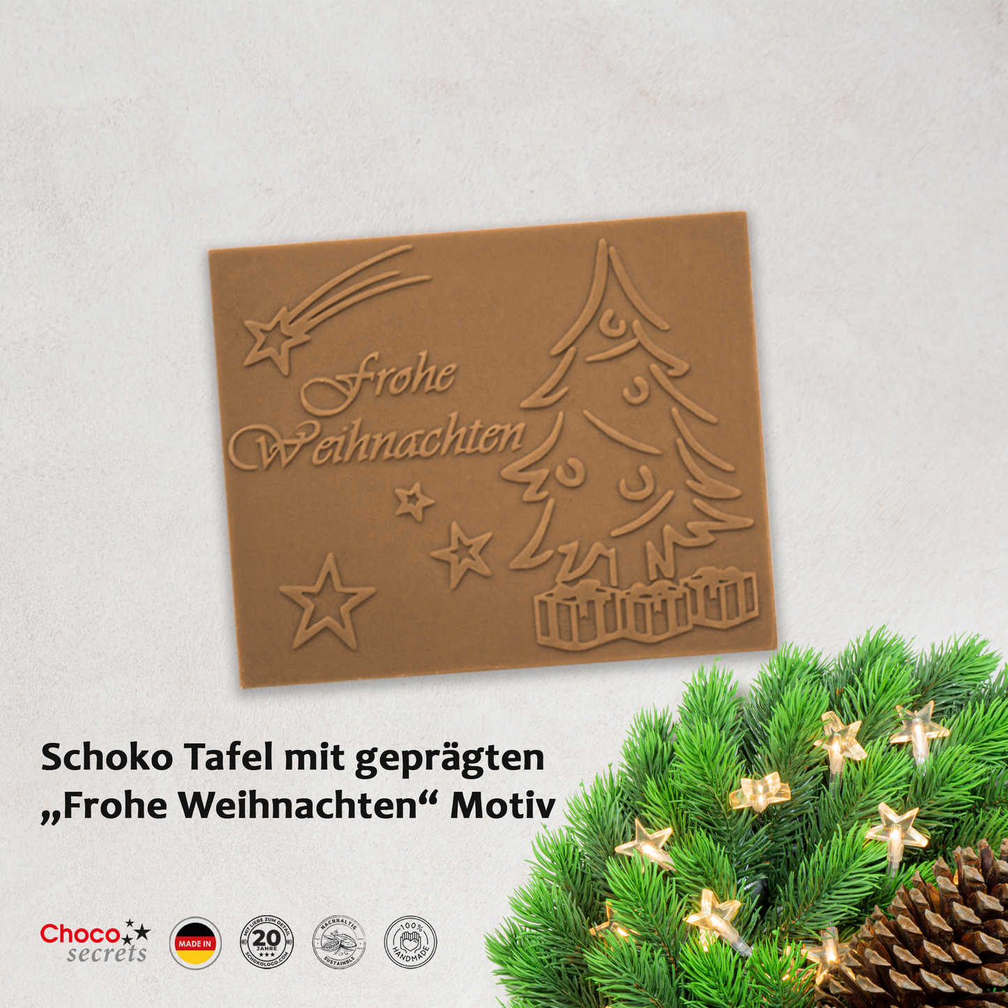 Tarjetas de Navidad con chocolate en relieve en caja dorada, juego de 5, diseño de tarjeta: cielo azul oscuro con árbol de Navidad, chocolate en relieve: "Frohe Weihnachten", sobre dorado