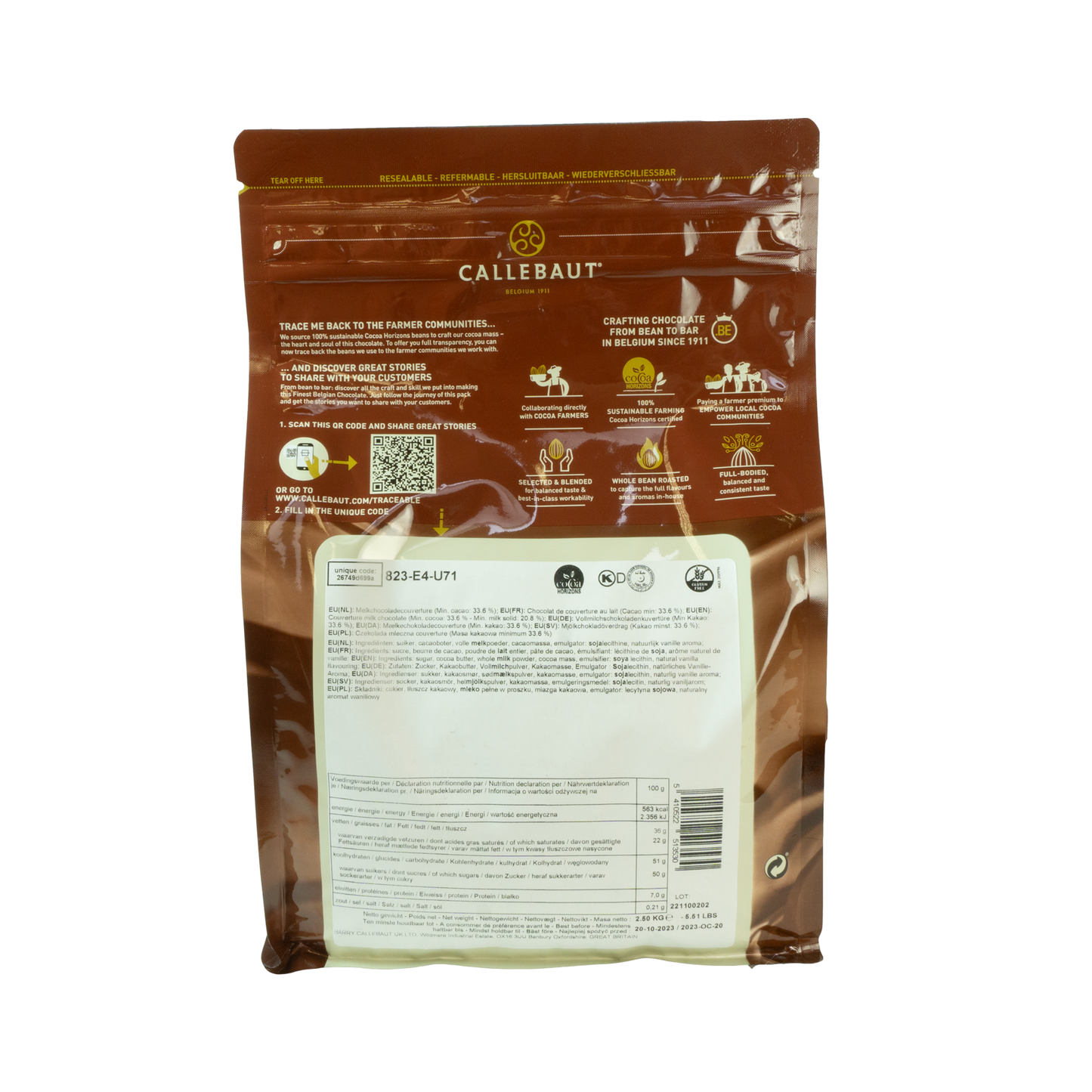Callebaut Finest 33,6% Chocolate Belga - Leche 823 Callets 2,5 kg
