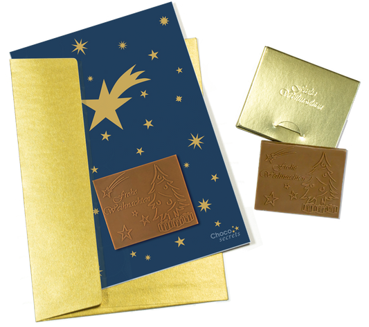 Biglietti di Natale con cioccolato goffrato in scatola dorata, set da 5, design biglietto: cielo blu scuro con stelle dorate, cioccolato goffrato: "Frohe Weihnachten", busta in oro