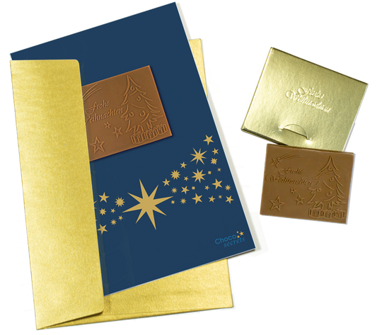 Biglietti di Natale con cioccolato goffrato in scatola dorata, set da 5, design biglietto: cielo blu scuro con fascia stellata, cioccolato goffrato: "Frohe Weihnachten", busta in oro