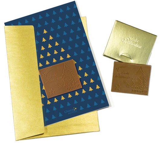 Biglietti di Natale con cioccolato goffrato in scatola dorata, set da 5, design biglietto: cielo blu scuro con albero di Natale, cioccolato goffrato: "Frohe Weihnachten", busta in oro