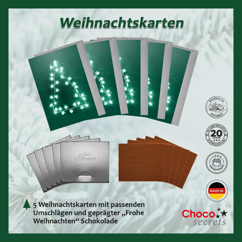 Cartes de Noël avec chocolat en relief dans une boîte en argent, lot de 5, motif de la carte : sapin de Noël, chocolat en relief : "Frohe Weihnachten", enveloppe en argent