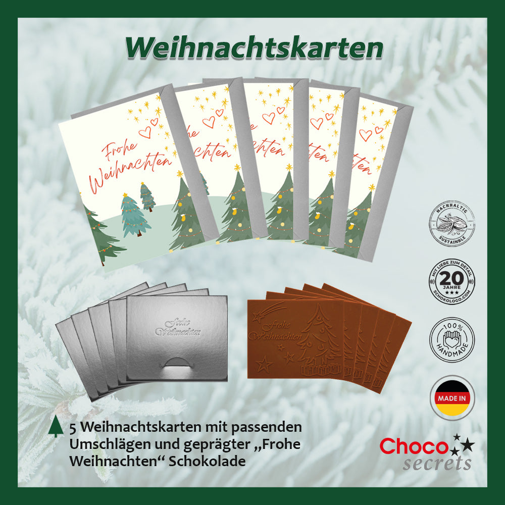 Tarjetas de Navidad con chocolate en relieve en caja dorada, juego de 5, diseño de tarjeta: cielo azul oscuro con árbol de Navidad, chocolate en relieve: "Frohe Weihnachten", sobre dorado