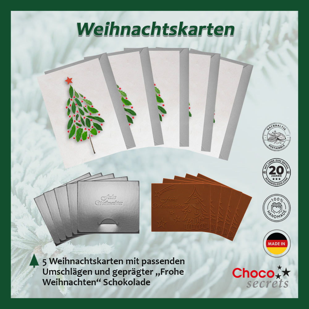 Tarjetas de Navidad con chocolate en relieve en caja dorada, juego de 5, diseño de tarjeta: cielo azul oscuro con árbol de Navidad, chocolate en relieve: "Frohe Weihnachten", sobre dorado