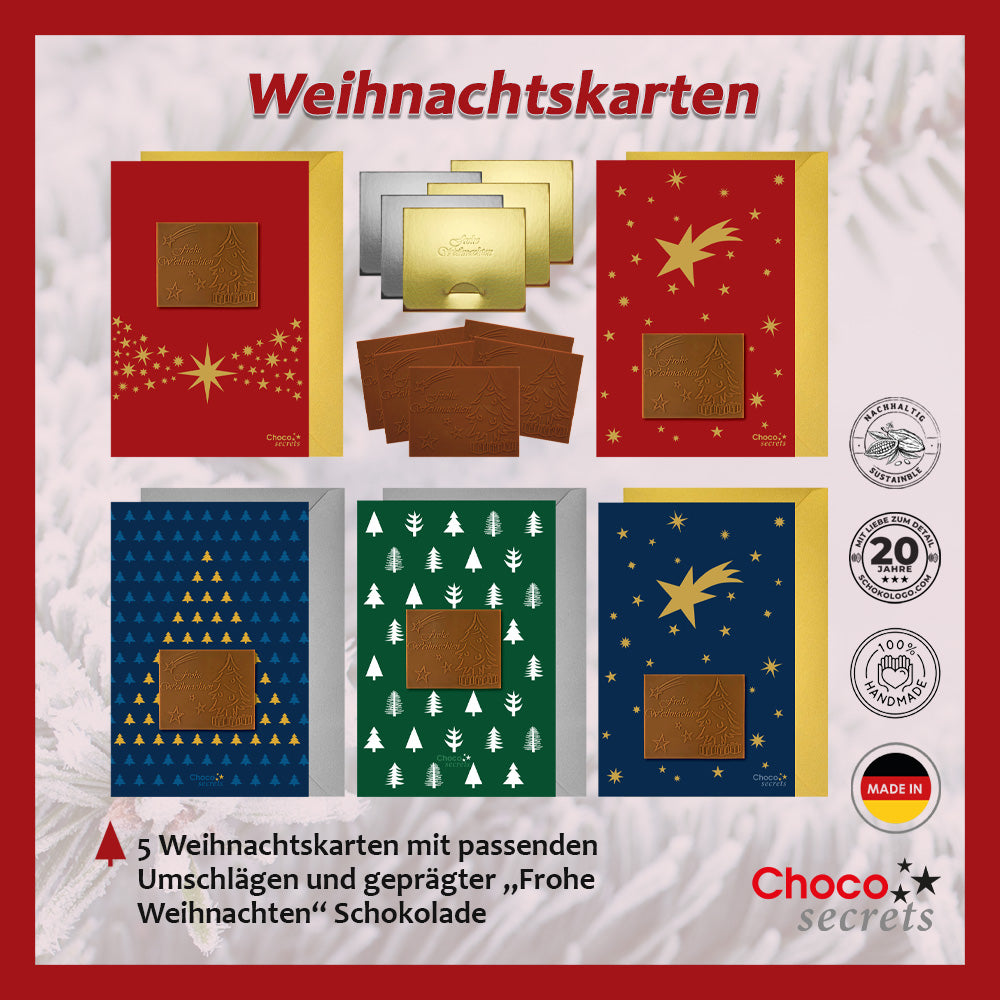 Tarjetas navideñas con chocolate en relieve en cajas plateadas y doradas, juego de 5, diferentes diseños de tarjetas, chocolate en relieve: "Frohe Weihnachten", sobre en plata y oro