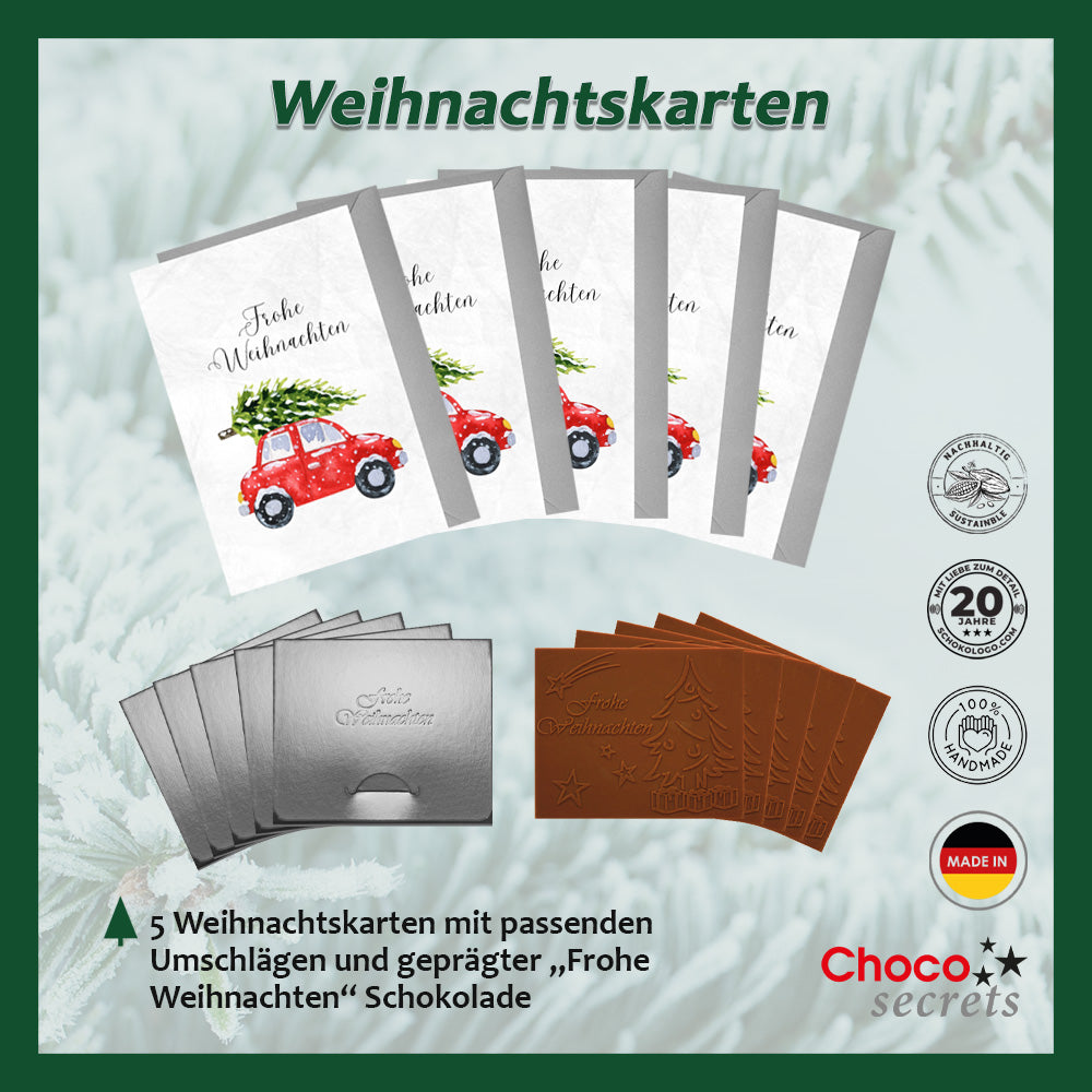 Tarjetas de Navidad con chocolate en relieve en caja dorada, juego de 5, diseño de tarjeta: cielo azul oscuro con árbol de Navidad, chocolate en relieve: "Frohe Weihnachten", sobre dorado