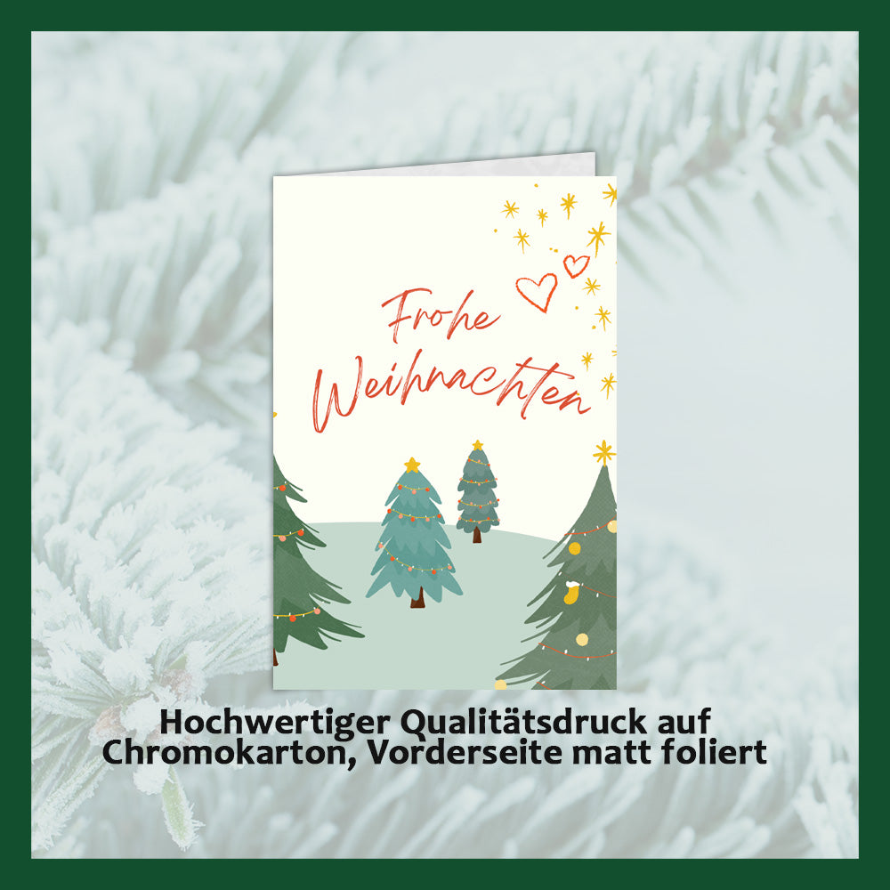 Tarjetas de Navidad con chocolate en relieve en caja dorada, juego de 5, diseño de tarjeta: cielo azul oscuro con árbol de Navidad, chocolate en relieve: "Frohe Weihnachten", sobre dorado