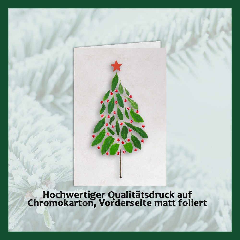 Tarjetas de Navidad con chocolate en relieve en caja dorada, juego de 5, diseño de tarjeta: cielo azul oscuro con árbol de Navidad, chocolate en relieve: "Frohe Weihnachten", sobre dorado