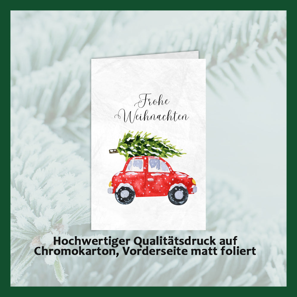 Tarjetas de Navidad con chocolate en relieve en caja dorada, juego de 5, diseño de tarjeta: cielo azul oscuro con árbol de Navidad, chocolate en relieve: "Frohe Weihnachten", sobre dorado
