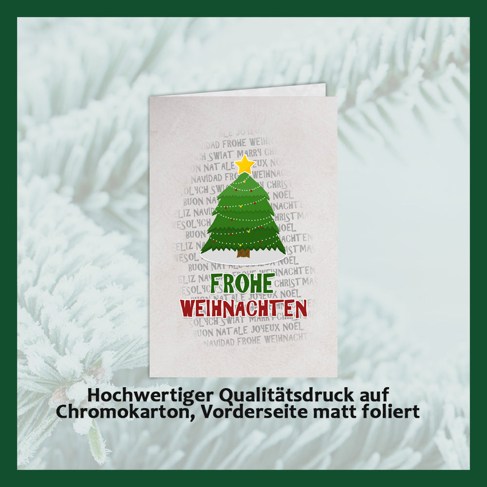 Tarjetas de Navidad con chocolate en relieve en caja dorada, juego de 5, diseño de tarjeta: cielo azul oscuro con árbol de Navidad, chocolate en relieve: "Frohe Weihnachten", sobre dorado
