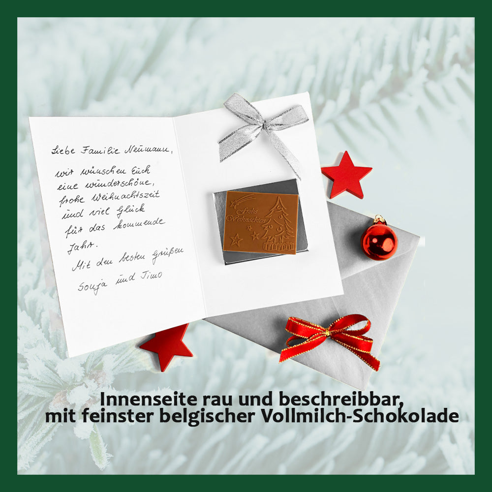 Cartes de Noël avec chocolat en relief dans une boîte en argent, lot de 5, motif de la carte : sapin de Noël, chocolat en relief : "Frohe Weihnachten", enveloppe en argent