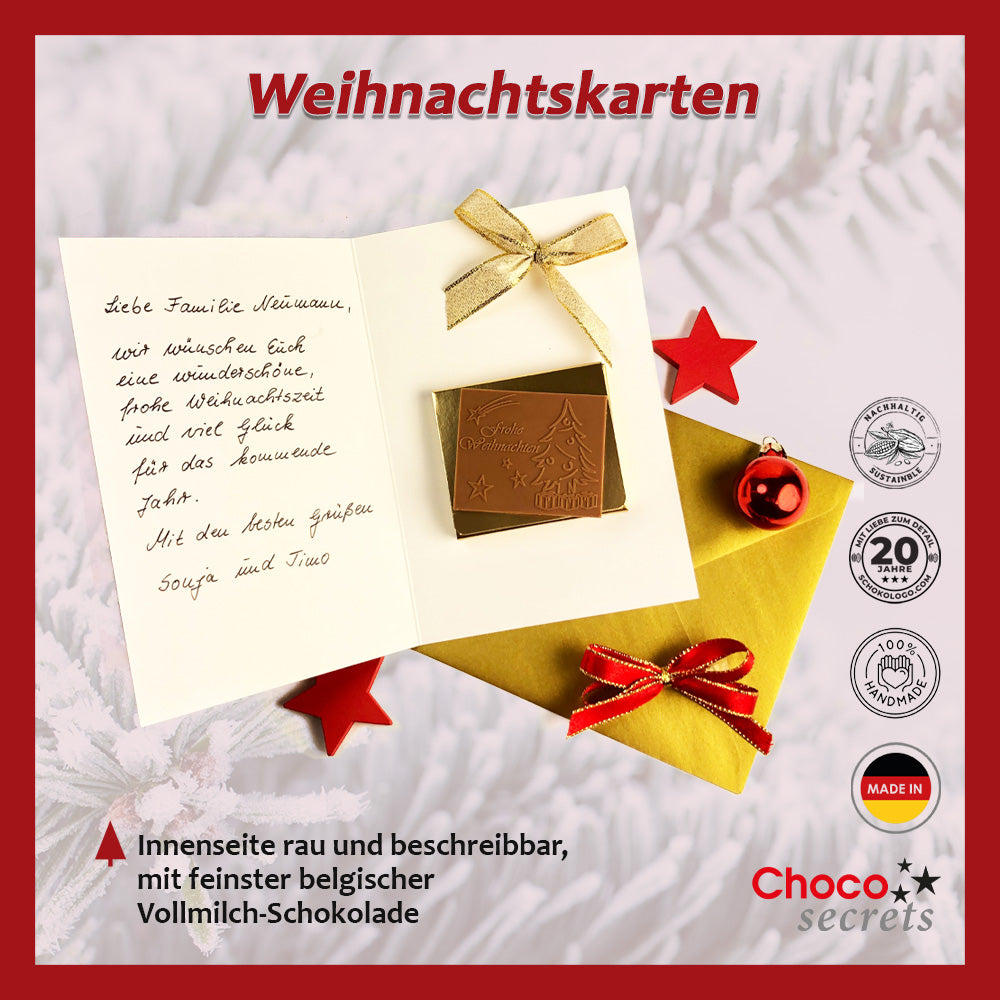 Tarjetas navideñas con chocolate en relieve en cajas plateadas y doradas, juego de 5, diferentes diseños de tarjetas, chocolate en relieve: "Frohe Weihnachten", sobre en plata y oro