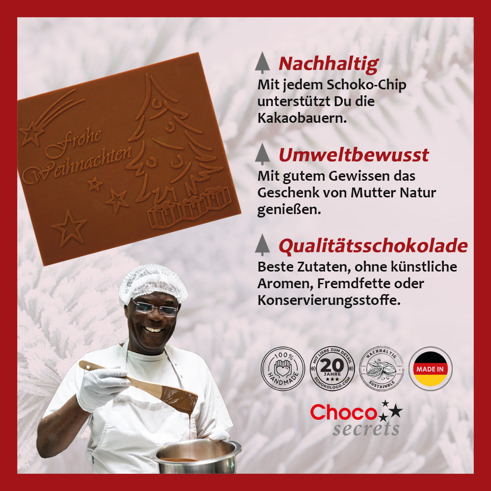 Tarjetas navideñas con chocolate en relieve en cajas plateadas y doradas, juego de 5, diferentes diseños de tarjetas, chocolate en relieve: "Frohe Weihnachten", sobre en plata y oro