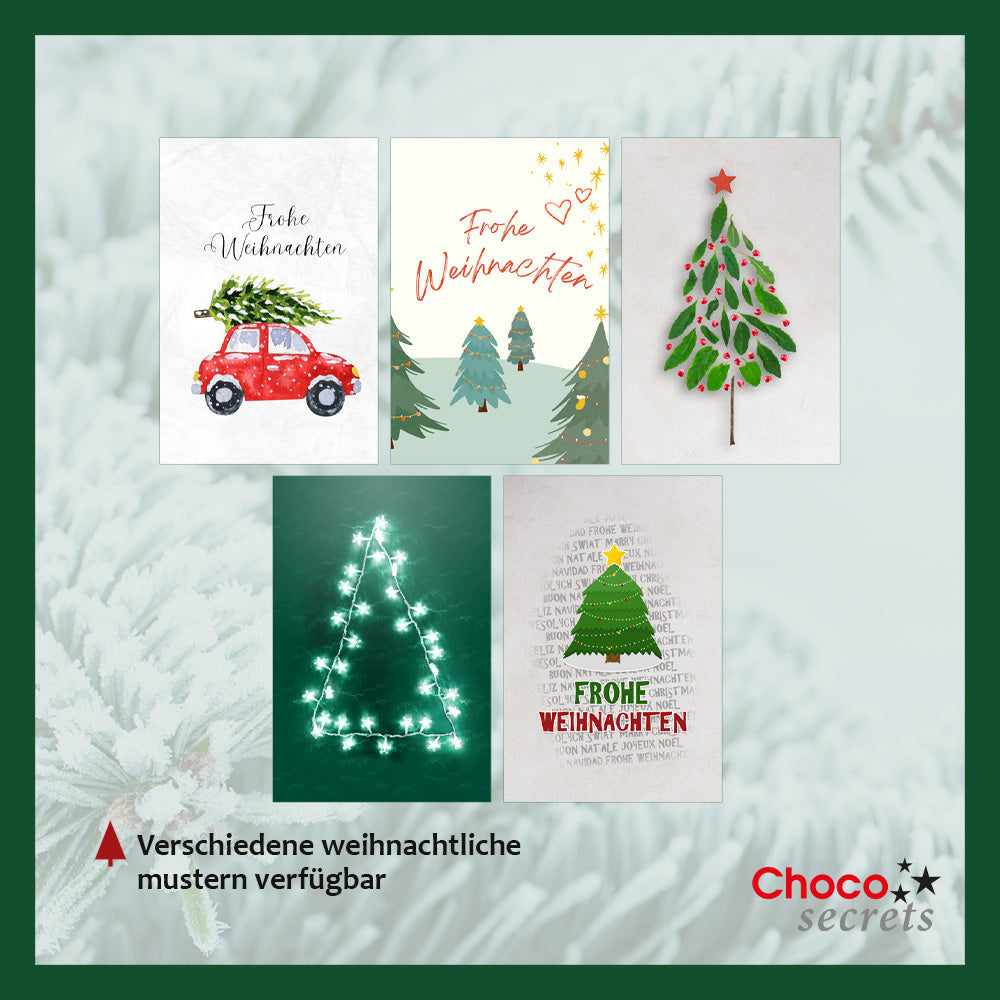 Tarjetas de Navidad con chocolate en relieve en caja dorada, juego de 5, diseño de tarjeta: cielo azul oscuro con árbol de Navidad, chocolate en relieve: "Frohe Weihnachten", sobre dorado