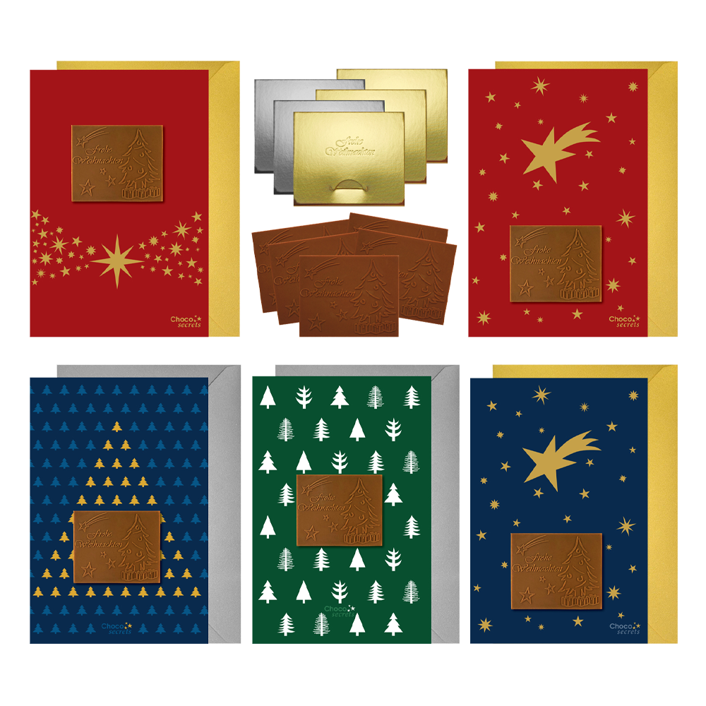 Tarjetas navideñas con chocolate en relieve en cajas plateadas y doradas, juego de 5, diferentes diseños de tarjetas, chocolate en relieve: "Frohe Weihnachten", sobre en plata y oro