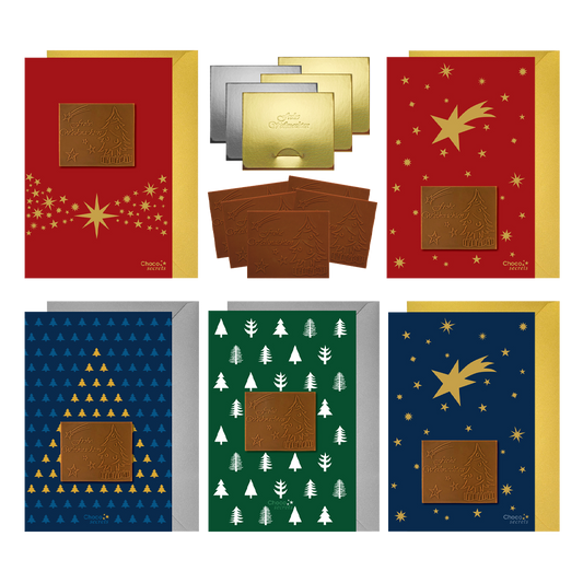 Christmas cards with embossed chocolate in silver and gold boxes, set of 5, different card designs, embossed chocolate: "Frohe Weihnachten", envelope in silver and gold