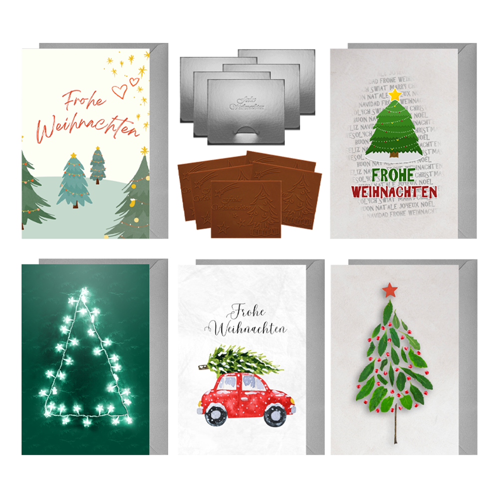Tarjetas de Navidad con chocolate en relieve en caja dorada, juego de 5, diseño de tarjeta: cielo azul oscuro con árbol de Navidad, chocolate en relieve: "Frohe Weihnachten", sobre dorado