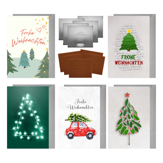 Christmas cards with embossed chocolate in a silver box, set of 5, card design: Mixed Christmas trees, embossed chocolate: "Frohe Weihnachten", envelope in silver