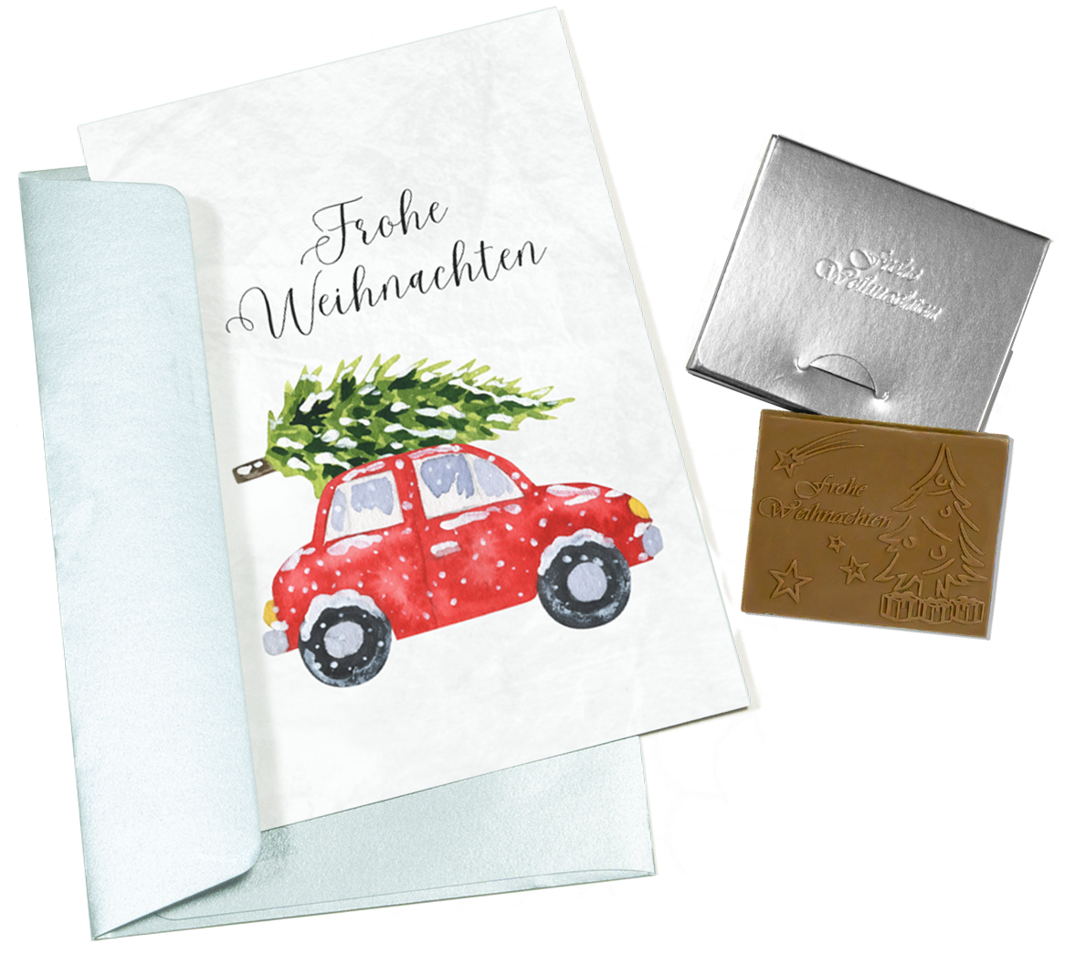 Tarjetas de Navidad con chocolate en relieve en caja dorada, juego de 5, diseño de tarjeta: cielo azul oscuro con árbol de Navidad, chocolate en relieve: "Frohe Weihnachten", sobre dorado