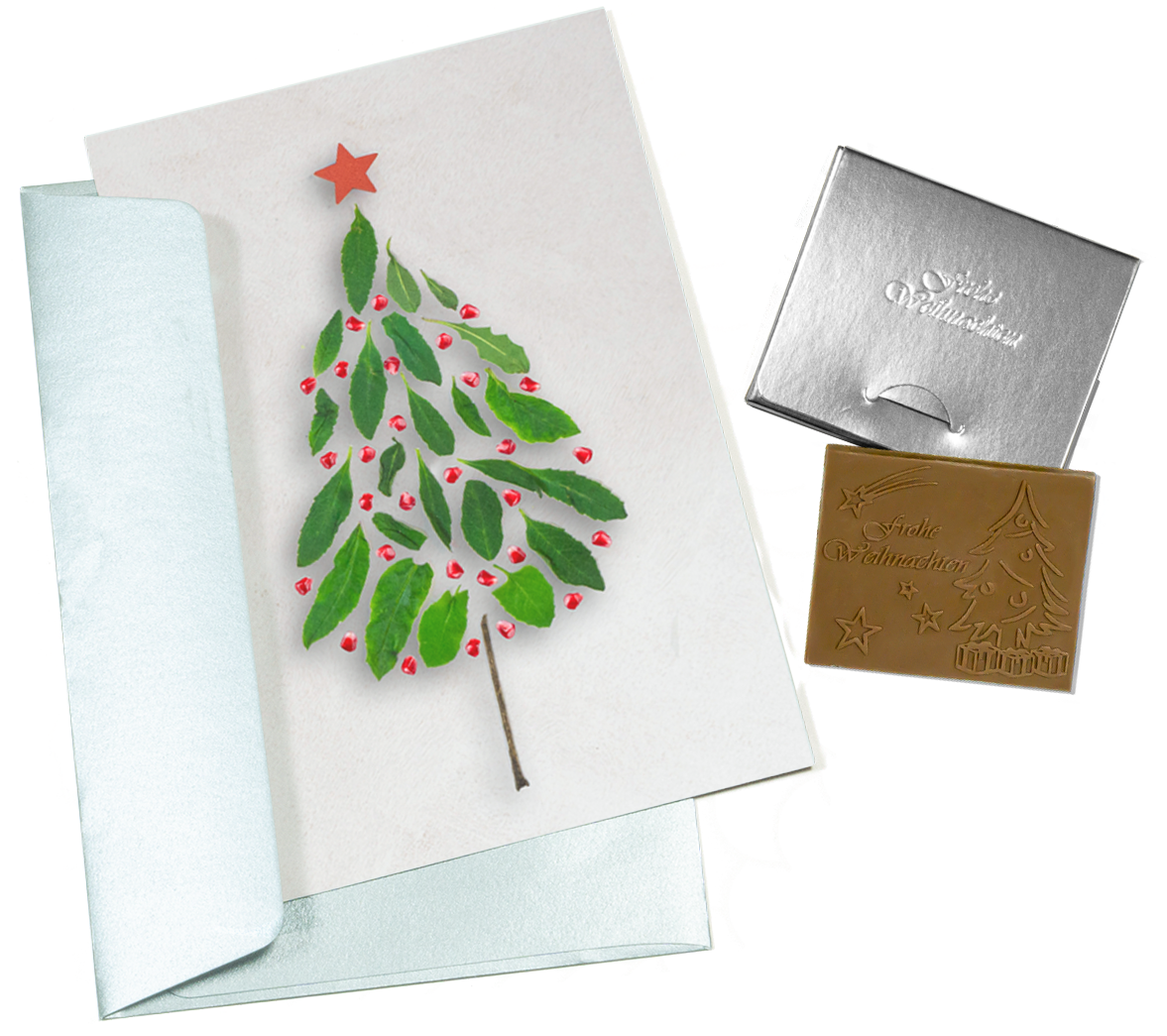 Tarjetas de Navidad con chocolate en relieve en caja dorada, juego de 5, diseño de tarjeta: cielo azul oscuro con árbol de Navidad, chocolate en relieve: "Frohe Weihnachten", sobre dorado