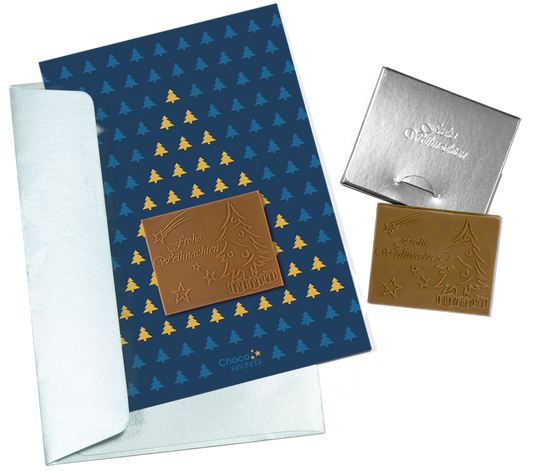 Christmas cards with embossed chocolate in a silver box, set of 5, card design: dark blue sky with Christmas tree, embossed chocolate: "Frohe Weihnachten", envelope in silver