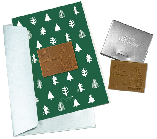 Christmas cards with embossed chocolate in a silver box, set of 5, card design: green with trees, embossed chocolate: "Frohe Weihnachten", envelope in silver