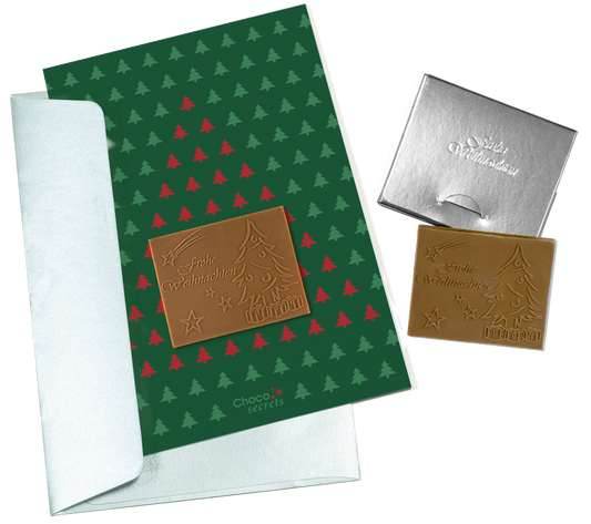 Christmas cards with embossed chocolate in a silver box, set of 5, card design: green with Fir trees, embossed chocolate: 'Frohe Weihnachten', envelope in silver