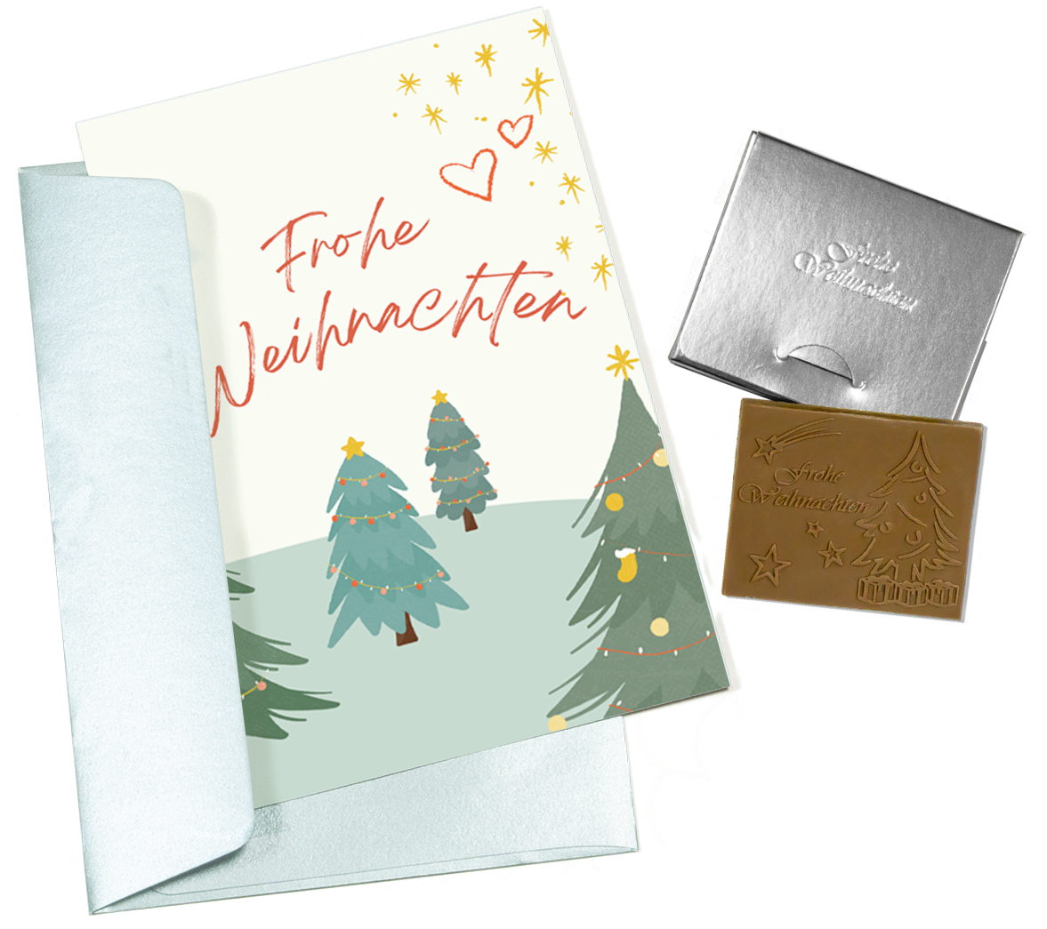 Tarjetas de Navidad con chocolate en relieve en caja dorada, juego de 5, diseño de tarjeta: cielo azul oscuro con árbol de Navidad, chocolate en relieve: "Frohe Weihnachten", sobre dorado
