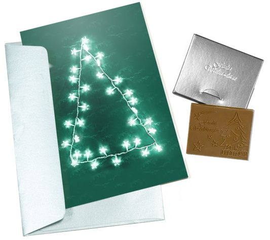 Biglietti di Natale con cioccolato goffrato in scatola dorata, set da 5, design biglietto: cielo blu scuro con albero di Natale, cioccolato goffrato: "Frohe Weihnachten", busta in oro