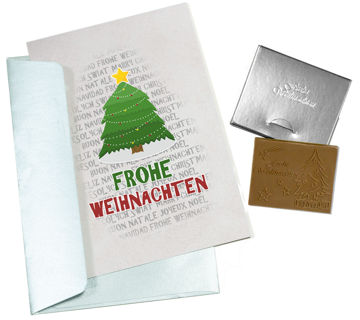 Tarjetas de Navidad con chocolate en relieve en caja dorada, juego de 5, diseño de tarjeta: cielo azul oscuro con árbol de Navidad, chocolate en relieve: "Frohe Weihnachten", sobre dorado
