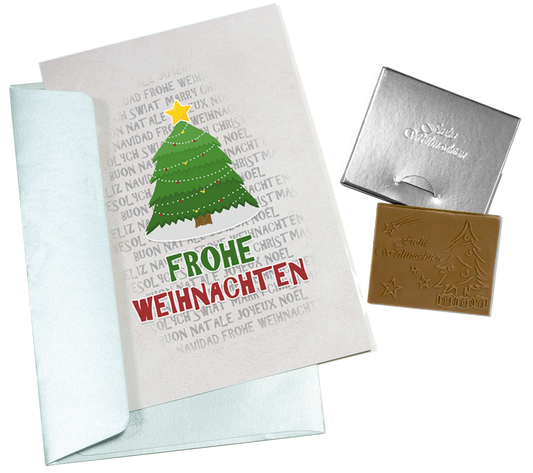 Christmas cards with embossed chocolate in a silver box, set of 5, card design: Christmas wishes multi Lang, embossed chocolate: "Frohe Weihnachten", envelope in silver