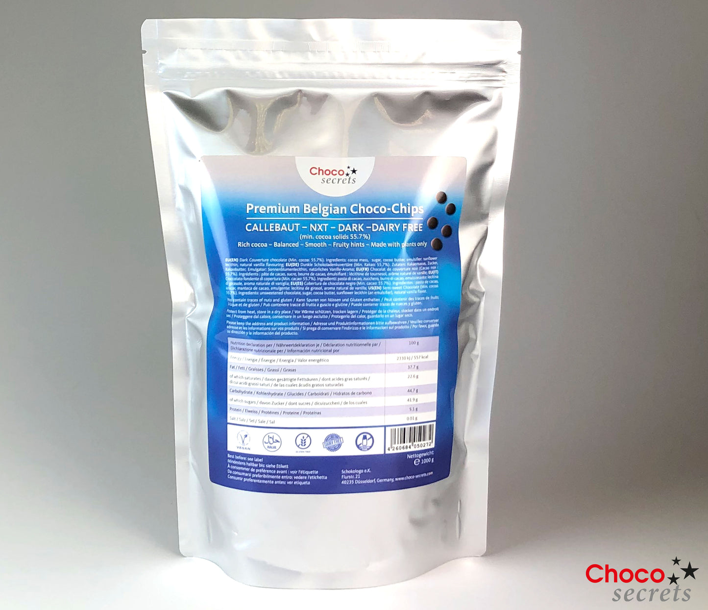 NXT DARK 55.7% - Chocolat noir VEGAN sans produits laitiers, 1 kg, en sachet refermable