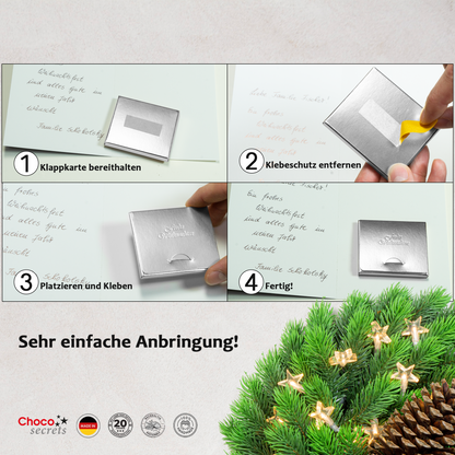 DIY Schoko-Weihnachtstafel zum selber kleben auf eine Weihnachtskarte | Schachtel und Schokolade mit Prägung : „Frohe Weihnachten“ 
