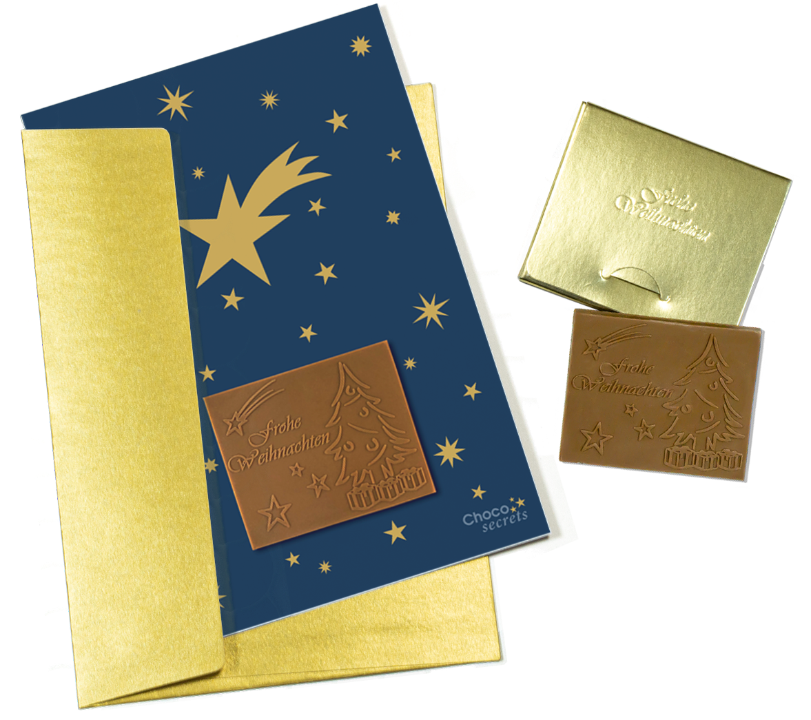 Weihnachtskarten mit Schokoladenprägung in Goldbox, 5er-Set, Kartendesign: dunkelblauer Himmel mit goldenen Sternen, Schokoladenprägung: „Frohe Weihnachten“, Umschlag in Gold