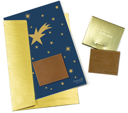 Tarjetas navideñas con chocolate en relieve en caja dorada, juego de 5, diseño de tarjeta: cielo azul oscuro con estrellas doradas, chocolate en relieve: "Frohe Weihnachten", sobre dorado
