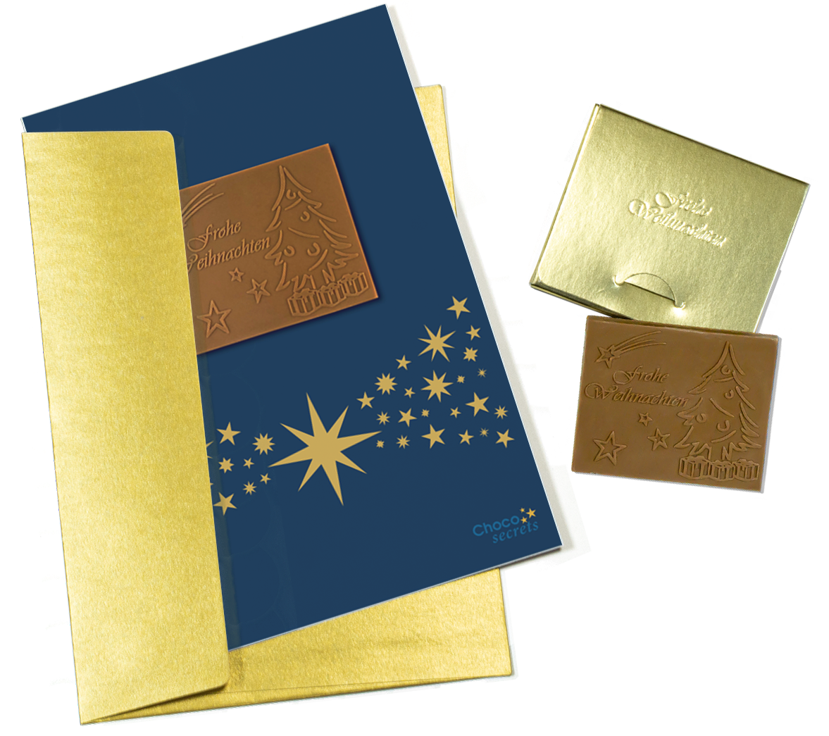 Cartes de Noël avec chocolat en relief dans une boîte dorée, lot de 5, motif de carte : ciel bleu foncé avec bande étoilée, chocolat en relief : "Frohe Weihnachten", enveloppe en or 