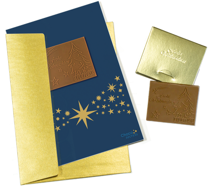 Biglietti di Natale con cioccolato goffrato in scatola dorata, set da 5, design biglietto: cielo blu scuro con fascia stellata, cioccolato goffrato: "Frohe Weihnachten", busta in oro