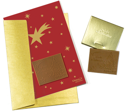 Christmas cards with embossed chocolate in a gold box, set of 5, card design: red with gold stars, embossed chocolate: "Frohe Weihnachten", envelope in gold