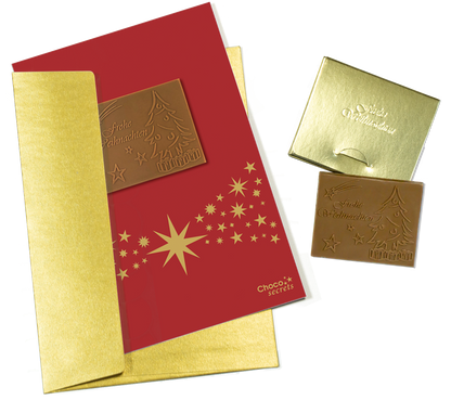 Christmas cards with embossed chocolate in a gold box, set of 5, card design: red with star band, embossed chocolate: "Frohe Weihnachten", envelope in gold