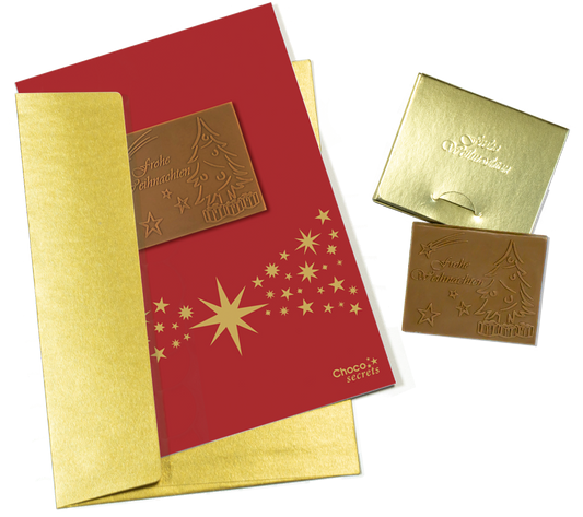 Tarjetas navideñas con chocolate en relieve en caja dorada, juego de 5, diseño de tarjeta: rojo con banda de estrellas, chocolate en relieve: "Frohe Weihnachten", sobre dorado