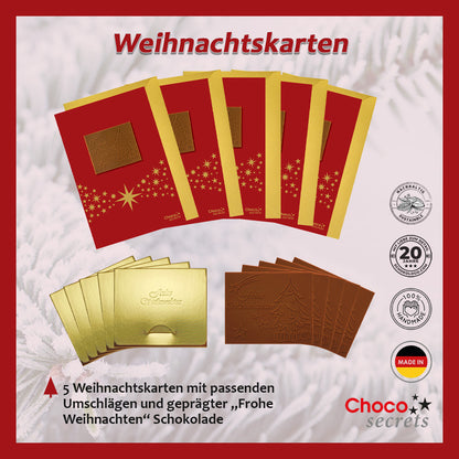 Biglietti di Natale con cioccolato goffrato in scatola dorata, set da 5, design biglietto: rosso con fascia a stella, cioccolato goffrato: "Frohe Weihnachten", busta in oro