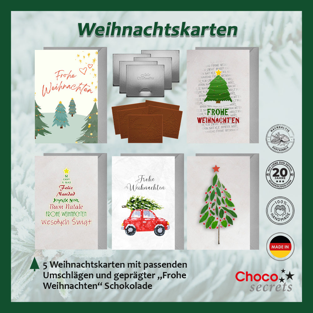 Cartes de Noël avec chocolat en relief dans une boîte en argent, lot de 5, motif de carte : Sapins de Noël mélangés, chocolat en relief : "Frohe Weihnachten", enveloppe en argent 