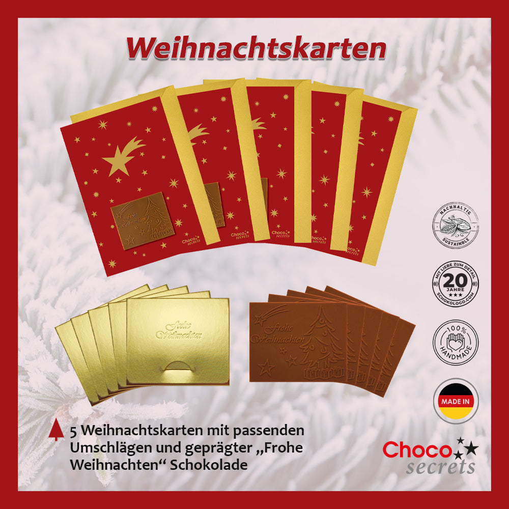 Tarjetas navideñas con chocolate grabado en caja dorada, juego de 5, diseño de la tarjeta: rojo con estrellas doradas, chocolate grabado: "Frohe Weihnachten", sobre dorado