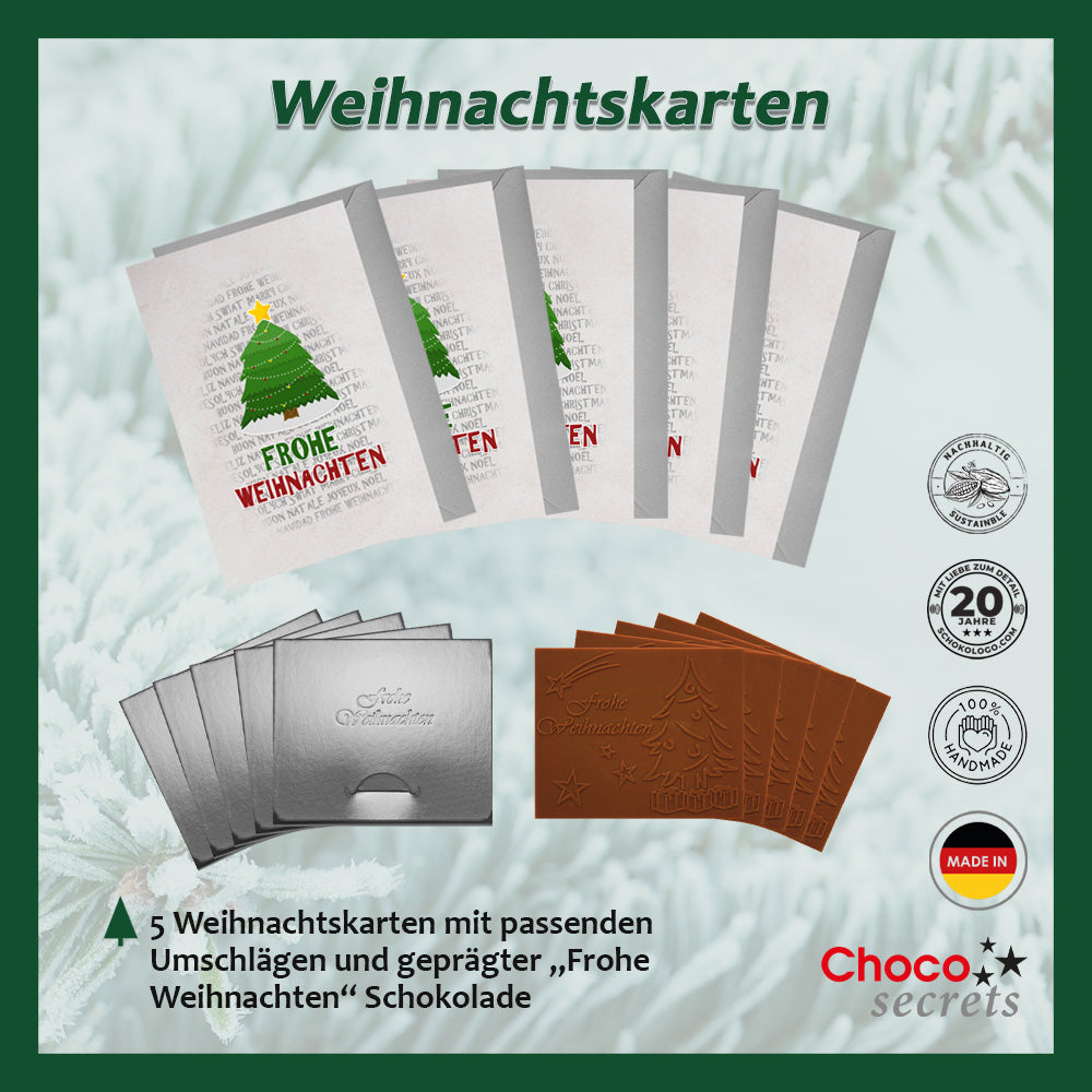 Cartes de Noël avec chocolat en relief dans une boîte en argent, lot de 5, motif de la carte : souhaits de Noël multi Lang, chocolat en relief : "Frohe Weihnachten", enveloppe en argent 