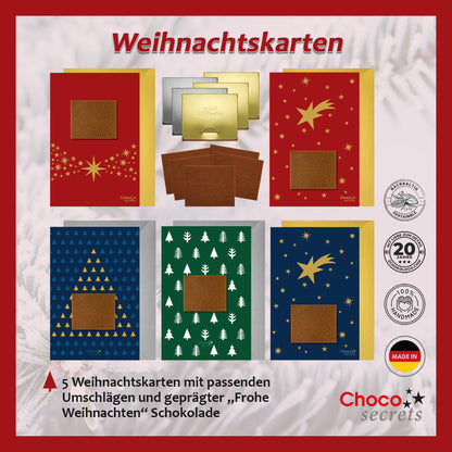 Christmas cards with embossed chocolate in silver and gold boxes, set of 5, different card designs, embossed chocolate: "Frohe Weihnachten", envelope in silver and gold
