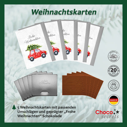 Cartes de Noël avec chocolat en relief dans une boîte en argent, lot de 5, motif de carte : sapin de Noël avec voiture, chocolat en relief : "Frohe Weihnachten", enveloppe en argent 