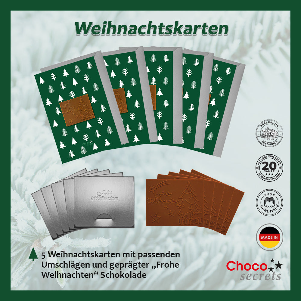 Biglietti di Natale con cioccolato goffrato in scatola argento, set da 5, design biglietto: verde con alberi, cioccolato goffrato: "Frohe Weihnachten", busta argento