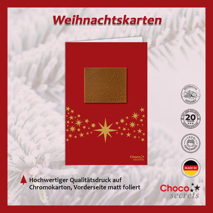 Tarjetas navideñas con chocolate en relieve en caja dorada, juego de 5, diseño de tarjeta: rojo con banda de estrellas, chocolate en relieve: "Frohe Weihnachten", sobre dorado
